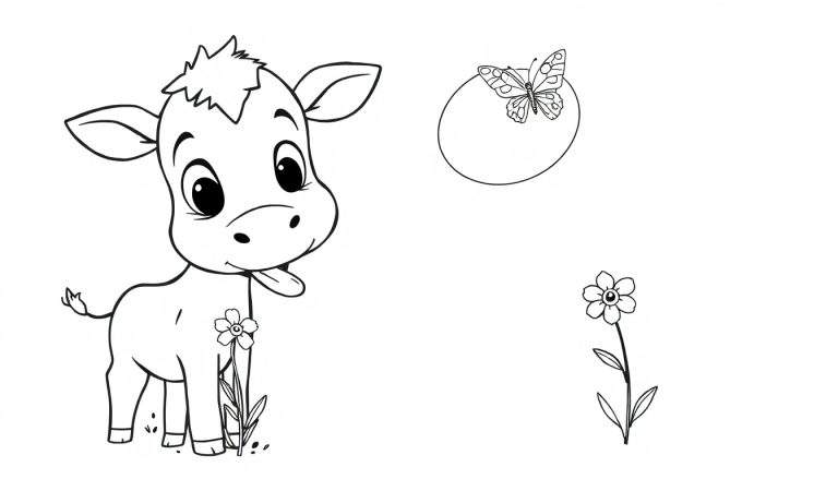 Dessin au trait d'une petite vache tirant la langue, d'un papillon sur une forme ovale et d'une fleur avec tige et feuilles, prêt à être colorisé.