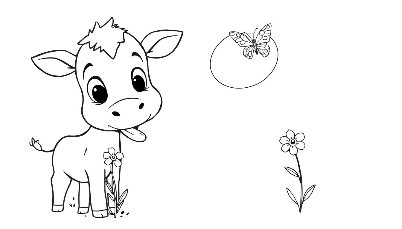 Dessin au trait d'une petite vache tirant la langue, d'un papillon sur une forme ovale et d'une fleur avec tige et feuilles, prêt à être colorisé.