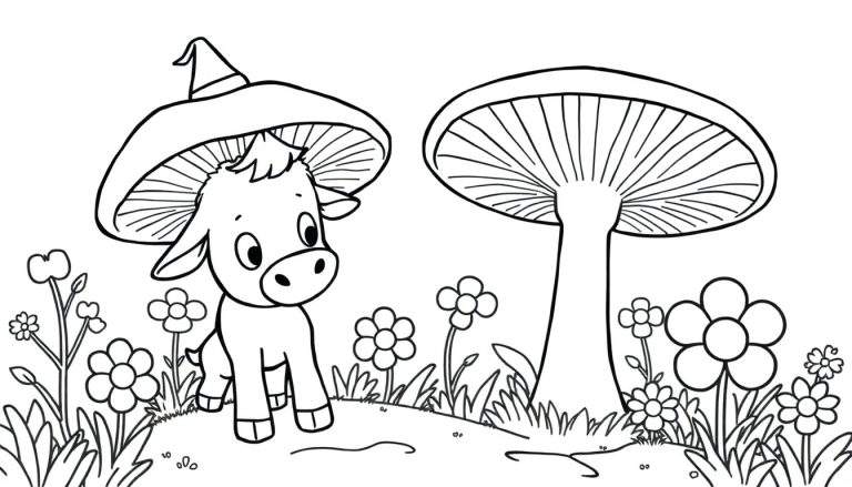 Dessin au trait d'un veau avec un chapeau champignon, des champignons et des fleurs.