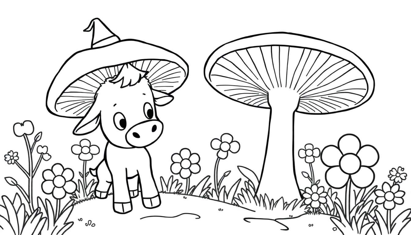 Dessin au trait d'un veau avec un chapeau champignon, des champignons et des fleurs.