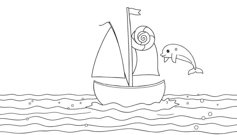 Un dessin au trait d'un voilier blanc avec une voile et une girouette, naviguant sur des vagues bleues, avec un dauphin brun sautant hors de l'eau à côté.