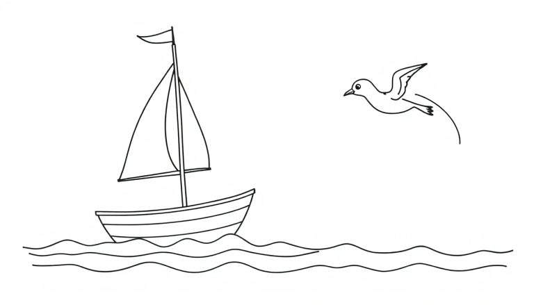 Dessin à colorier d'un voilier sur l'eau avec un oiseau volant.