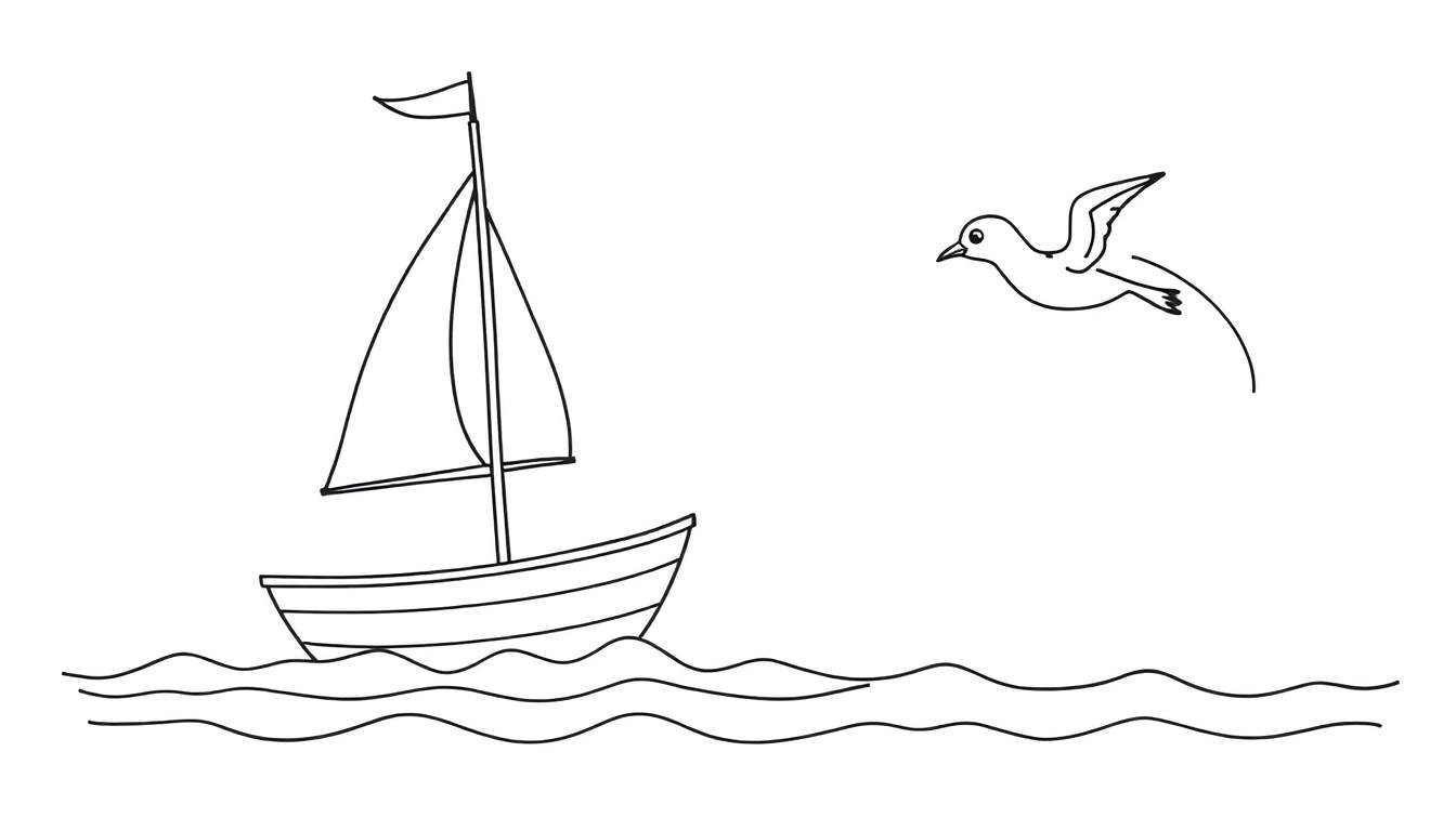 Dessin à colorier d'un voilier sur l'eau avec un oiseau volant.