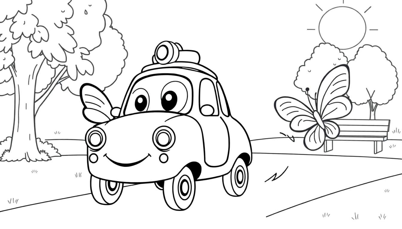 Coloriage d'une voiture aux ailes de papillon dans un paysage avec un grand arbre, un banc, deux petits arbres, le soleil et un grand papillon.