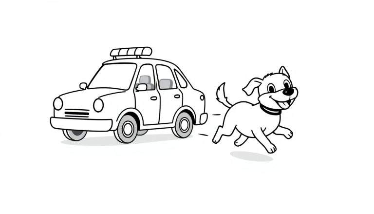 Dessin au trait de coloriage: une voiture de police cartoon et un chien joyeux qui court.