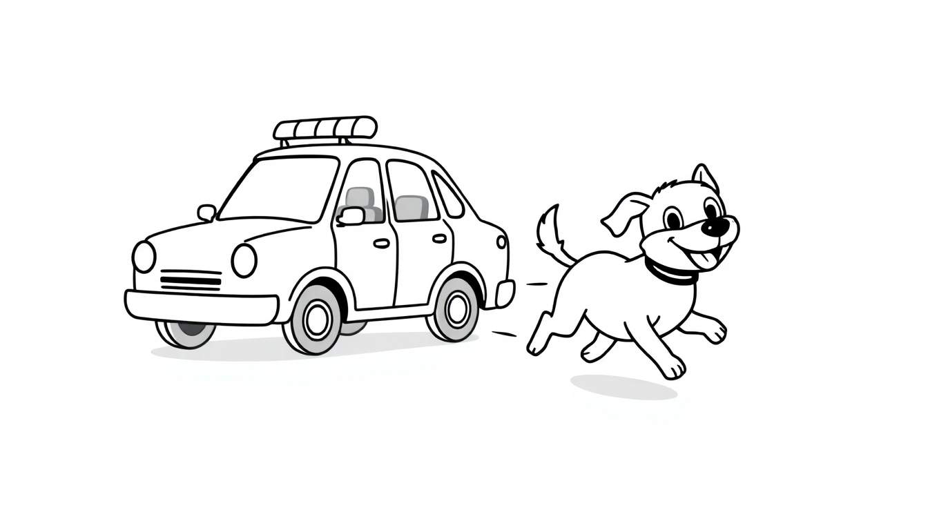 Dessin au trait de coloriage: une voiture de police cartoon et un chien joyeux qui court.