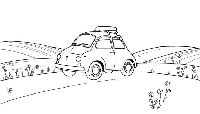 Illustration en noir et blanc d'une petite voiture de style rétro avec une valise sur le toit, circulant sur une route de campagne avec des fleurs et des collines.