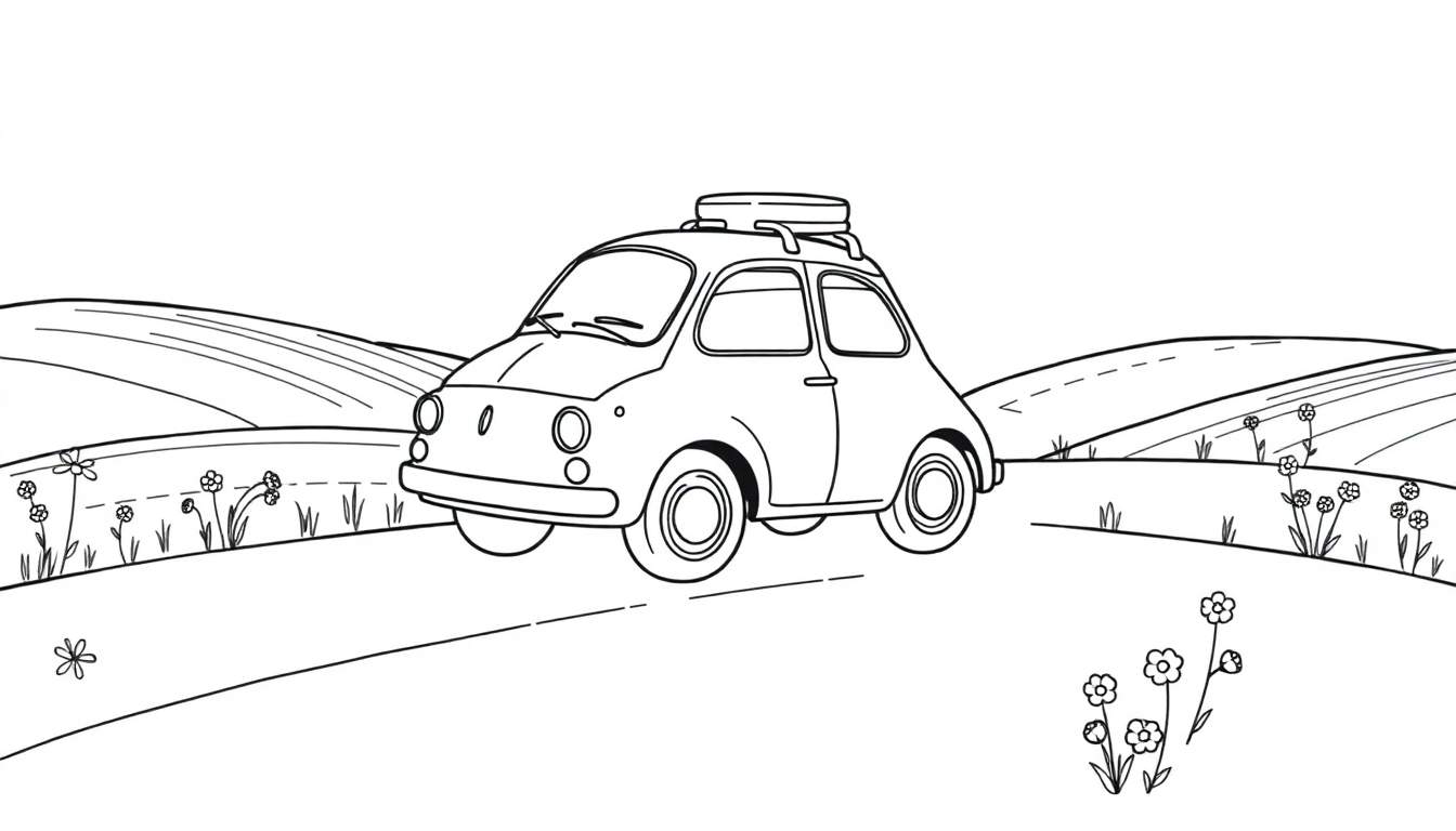 Illustration en noir et blanc d'une petite voiture de style rétro avec une valise sur le toit, circulant sur une route de campagne avec des fleurs et des collines.