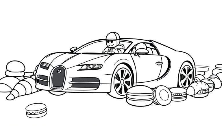 Coloriage d'une voiture de sport avec un conducteur stylisé, entourée de macarons et de bonbons meringues.