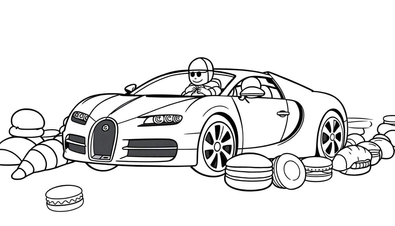 Coloriage d'une voiture de sport avec un conducteur stylisé, entourée de macarons et de bonbons meringues.