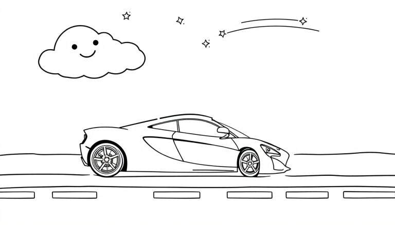 Dessin de coloriage d'une voiture de sport rouge, d'étoiles filantes et d'un nuage souriant sur une route.