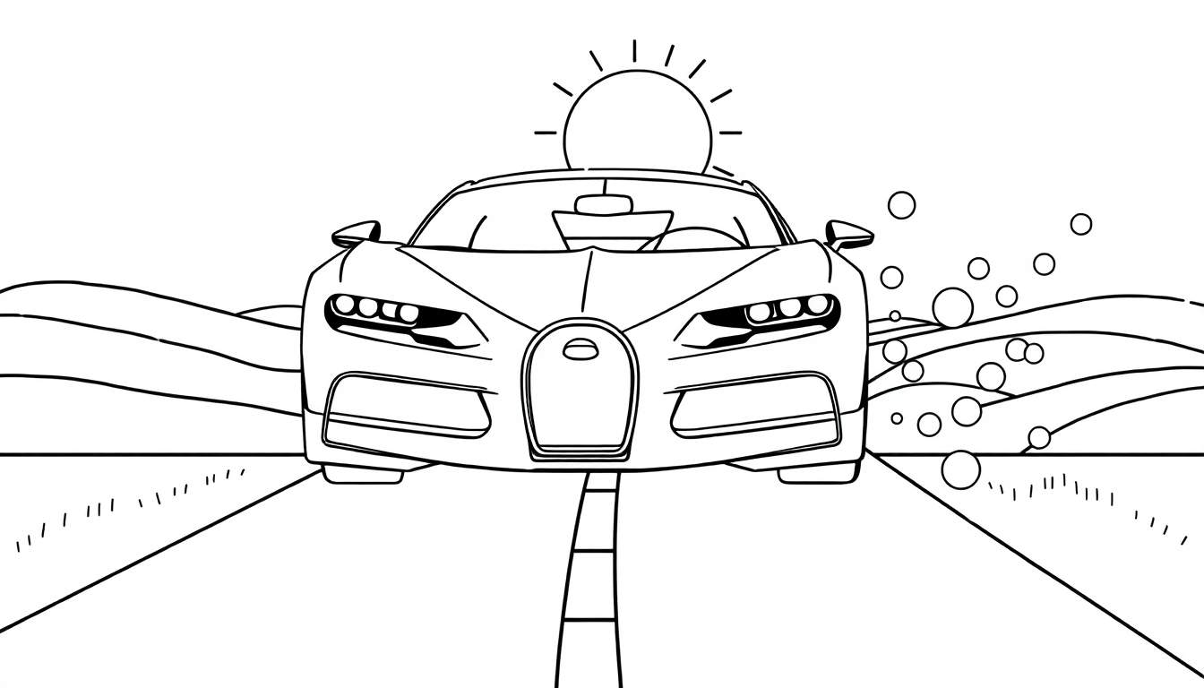 Dessin au trait simple d'une voiture de sport vue de face sur une route, avec des collines, un soleil stylisé et des bulles flottantes, prêt à être colorié.