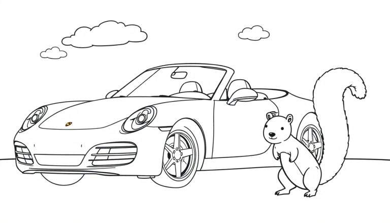 Dessin au trait d'une voiture de sport décapotable Porsche avec un écureuil debout à côté, prêt à être colorié.