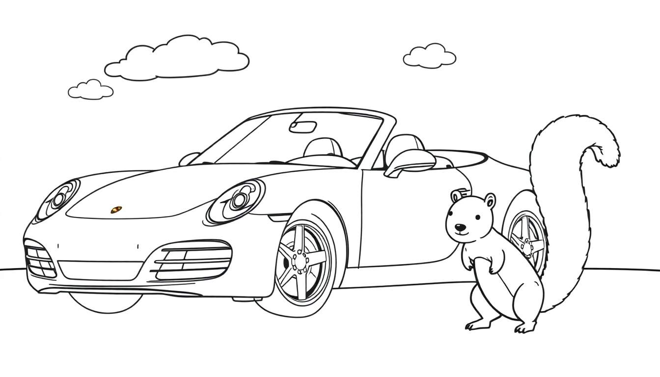 Dessin au trait d'une voiture de sport décapotable Porsche avec un écureuil debout à côté, prêt à être colorié.
