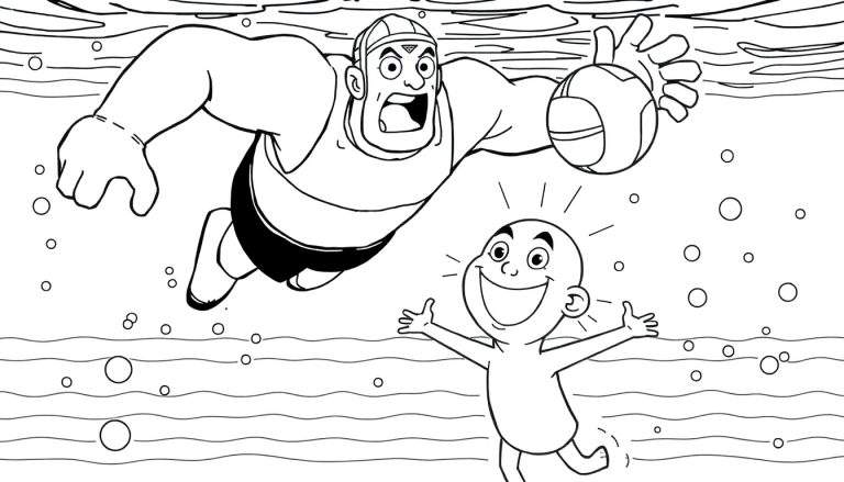 Coloriage noir et blanc : joueur de water-polo et jeune garçon dans l'eau.
