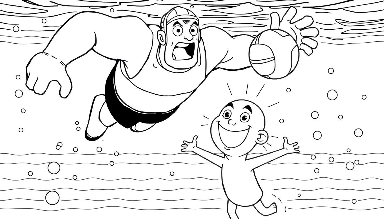 Coloriage noir et blanc : joueur de water-polo et jeune garçon dans l'eau.