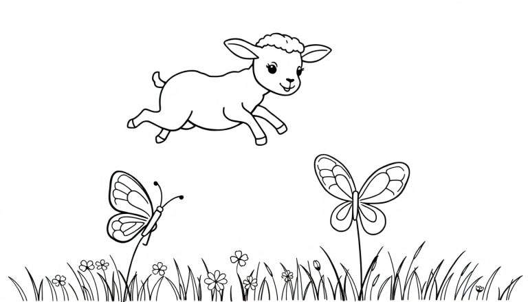 Coloriage d'un agneau sautant entouré de papillons et de fleurs