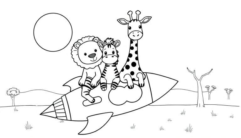 Coloriage d'un lion, d'un zèbre et d'une girafe sur une fusée, avec un décor de savane et un soleil/lune.