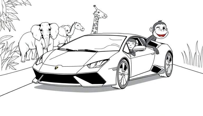 Coloriage d'une savane avec une voiture de sport blanche, deux singes, des éléphants, une girafe et un autre herbivore, entourés de végétation.