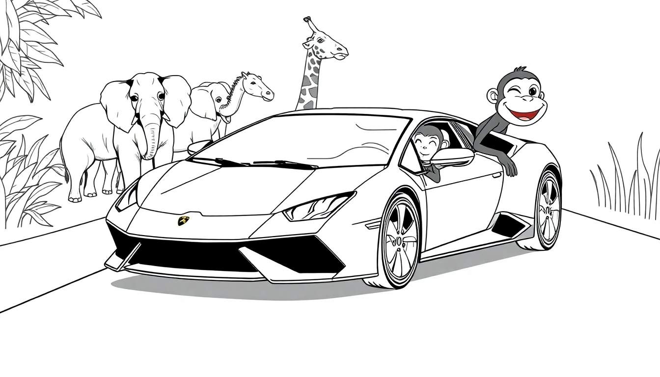 Coloriage d'une savane avec une voiture de sport blanche, deux singes, des éléphants, une girafe et un autre herbivore, entourés de végétation.