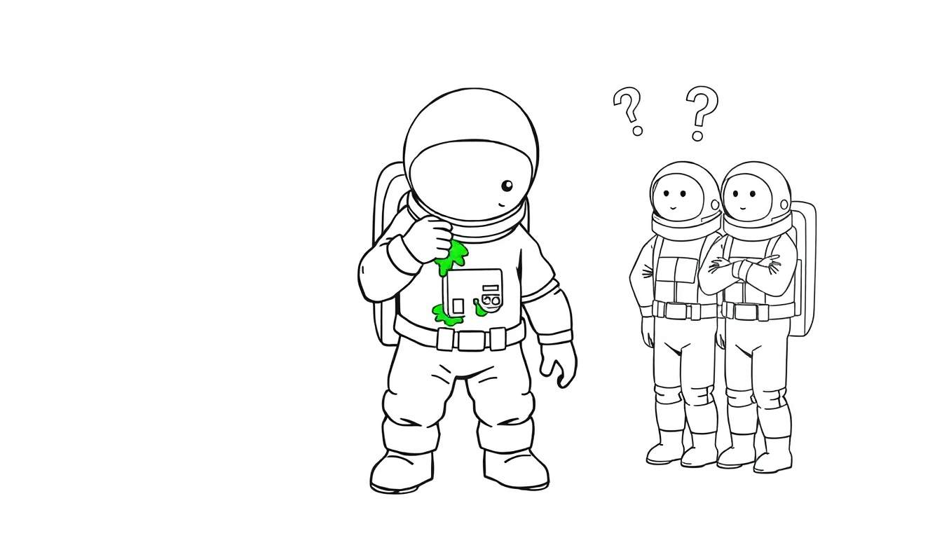 Dessin au trait noir et blanc d'un petit astronaute manipulant une substance verte dégoulinante, observé par deux autres astronautes perplexes.