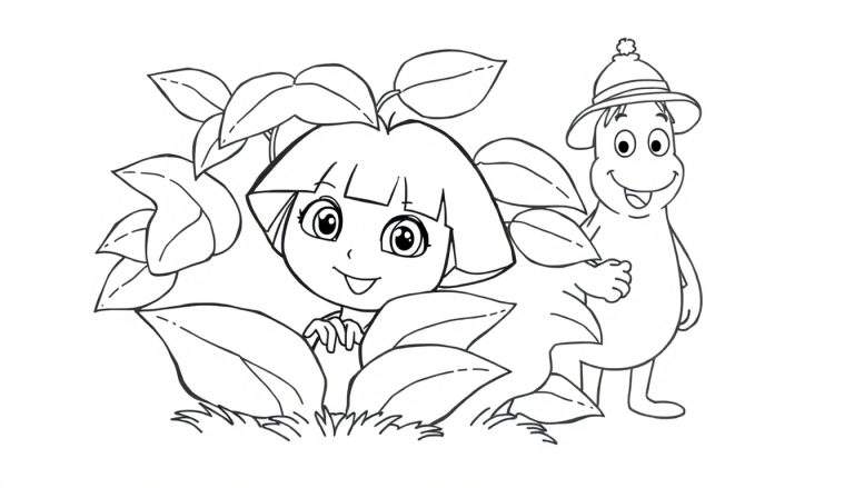 Dessin au trait de deux personnages de dessin animé, une fille cachée derrière des feuilles et un explorateur souriant, entourés de végétation.