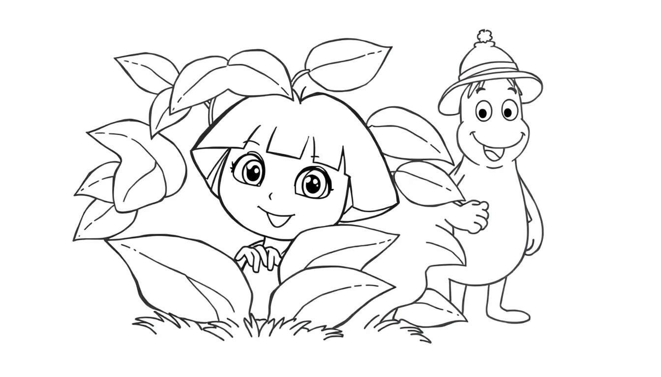 Dessin au trait de deux personnages de dessin animé, une fille cachée derrière des feuilles et un explorateur souriant, entourés de végétation.