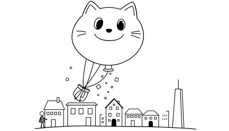 Dessin de coloriage d'un ballon en forme de tête de chat souriant avec des confettis tombant sur une ville.