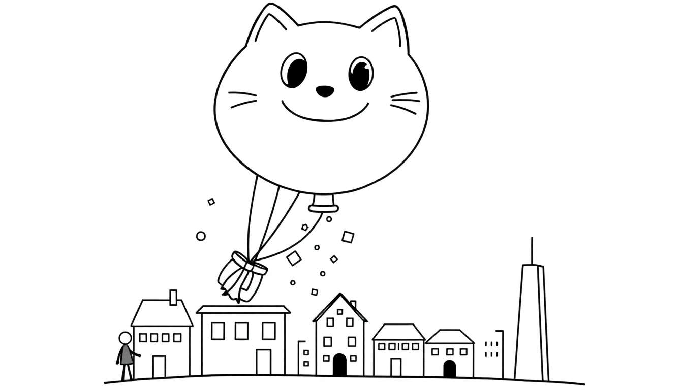 Dessin de coloriage d'un ballon en forme de tête de chat souriant avec des confettis tombant sur une ville.