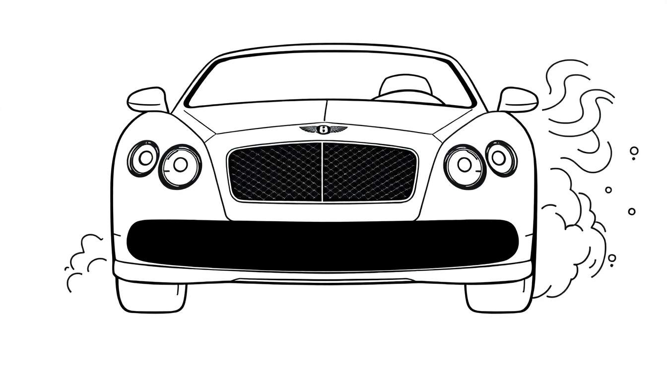 Dessin au trait noir et blanc d'une voiture de sport Bentley, vue de face, avec de la fumée sur les côtés.