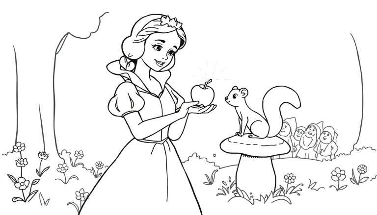 Coloriage de Blanche-Neige souriante tenant une pomme scintillante, accompagnée d'un écureuil, de sept nains joyeux et d'une forêt.