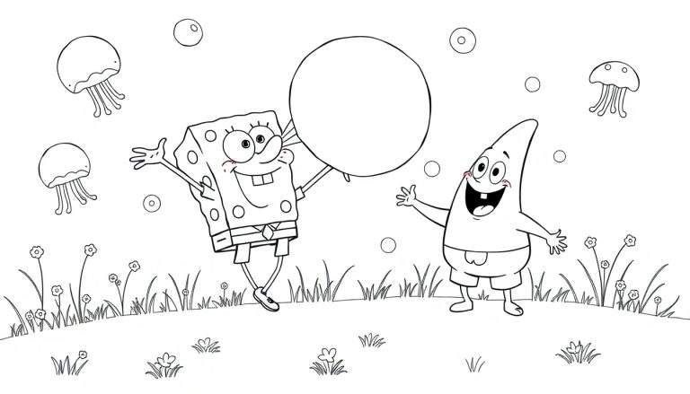 Coloriage de Bob l'Éponge et Patrick jouant avec un ballon, avec des méduses et des fleurs.