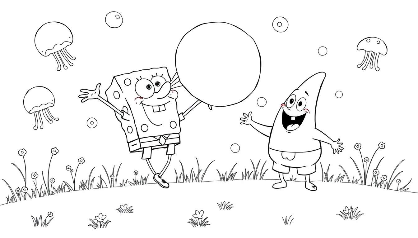 Coloriage de Bob l'Éponge et Patrick jouant avec un ballon, avec des méduses et des fleurs.