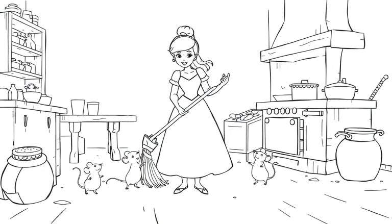 Dessin en noir et blanc d'une jeune femme ressemblant à Cendrillon avec ses quatre souris dans une cuisine animée. Elle balaye le sol tandis que les souris l'aident ou la regardent.