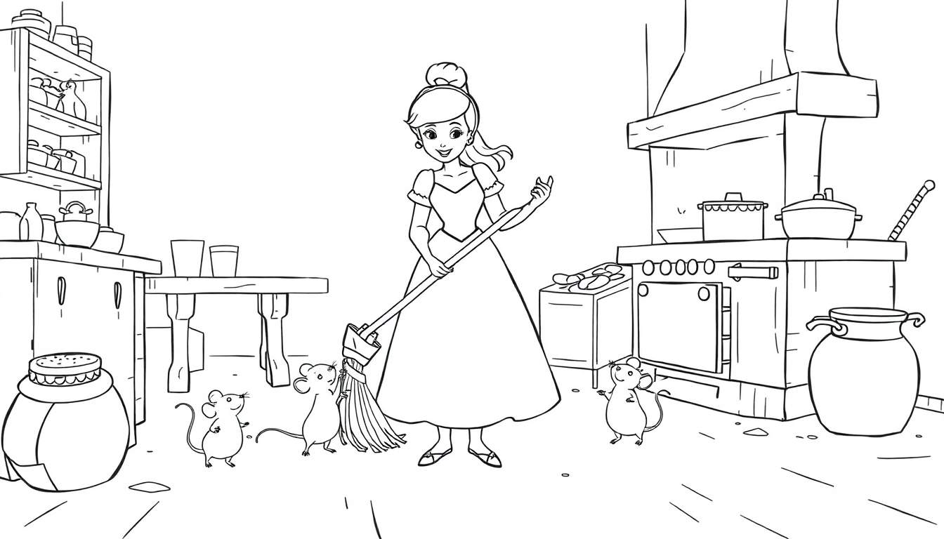 Dessin en noir et blanc d'une jeune femme ressemblant à Cendrillon avec ses quatre souris dans une cuisine animée. Elle balaye le sol tandis que les souris l'aident ou la regardent.