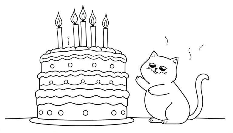 Coloriage d'un chat heureux devant un gâteau d'anniversaire à plusieurs étages avec des bougies allumées.