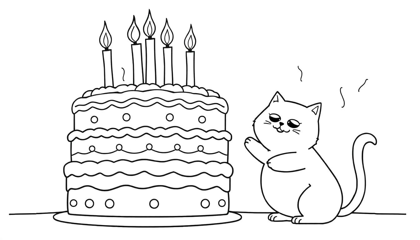 Coloriage d'un chat heureux devant un gâteau d'anniversaire à plusieurs étages avec des bougies allumées.