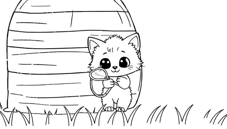 Page à colorier d'un chaton blanc joyeux jouant avec un filet à papillons près d'une ruche.