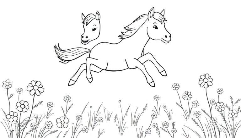 Coloriage de deux têtes de chevaux et d'un cheval galopant dans un champ de fleurs.
