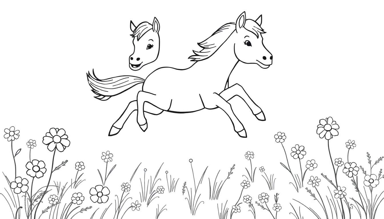 Coloriage de deux têtes de chevaux et d'un cheval galopant dans un champ de fleurs.