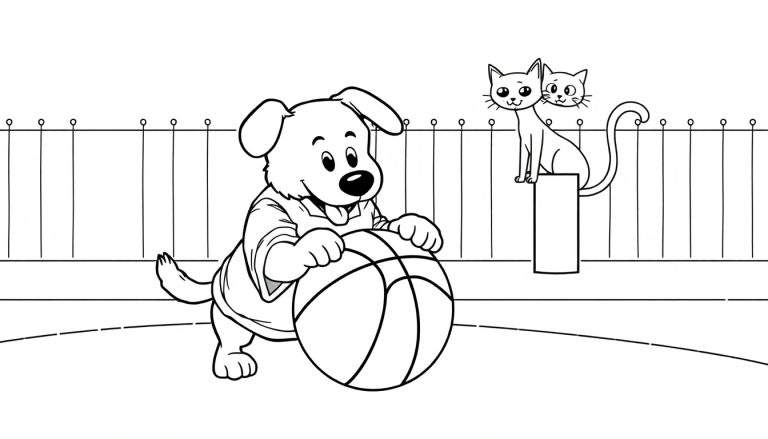 Coliage d'un chien jouant au basket avec des chemises sur un terrain, regardé par deux chats assis sur une clôture.