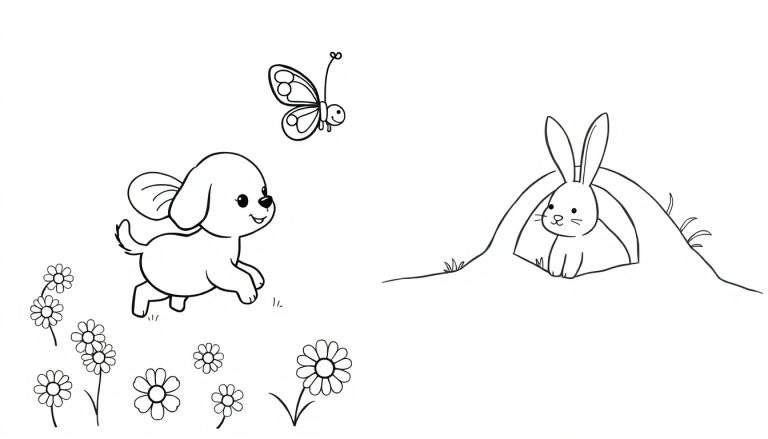 Coloriage d'un chien joyeux courant, d'un papillon volant, d'un lapin dans un terrier, et de fleurs.