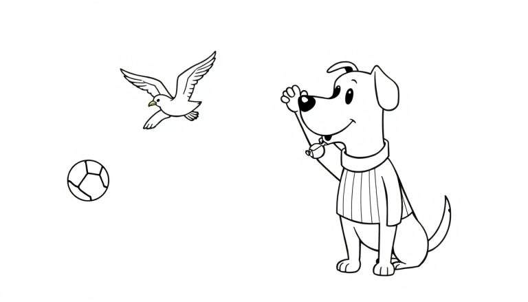 Dessin de coloriage d'un chien portant un pull rayé, assis et regardant un oiseau en vol à côté d'un ballon de football.