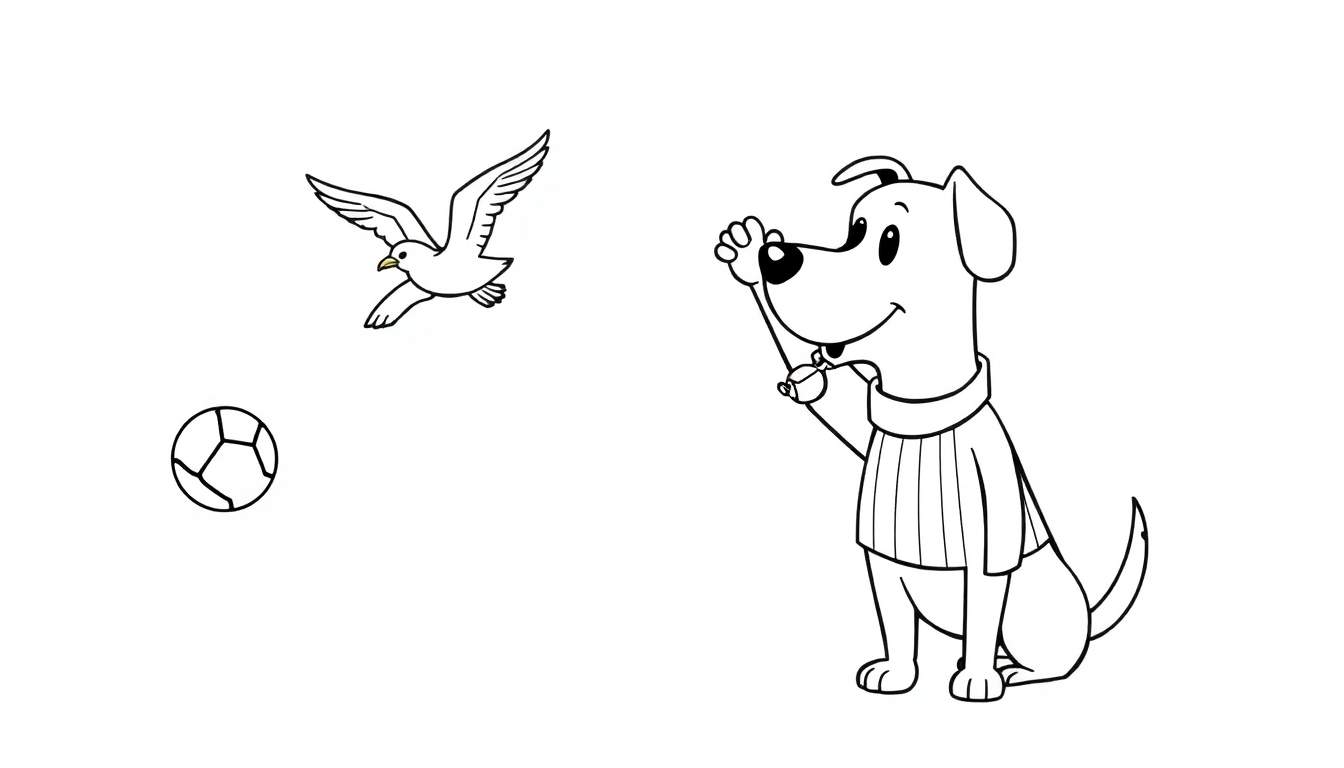 Dessin de coloriage d'un chien portant un pull rayé, assis et regardant un oiseau en vol à côté d'un ballon de football.