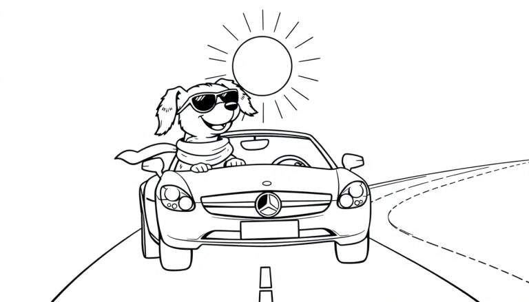 Dessin au trait d'un chien cool conduisant une voiture décapotable, portant des lunettes de soleil et une écharpe, sous un soleil éclatant sur une route sinueuse.
