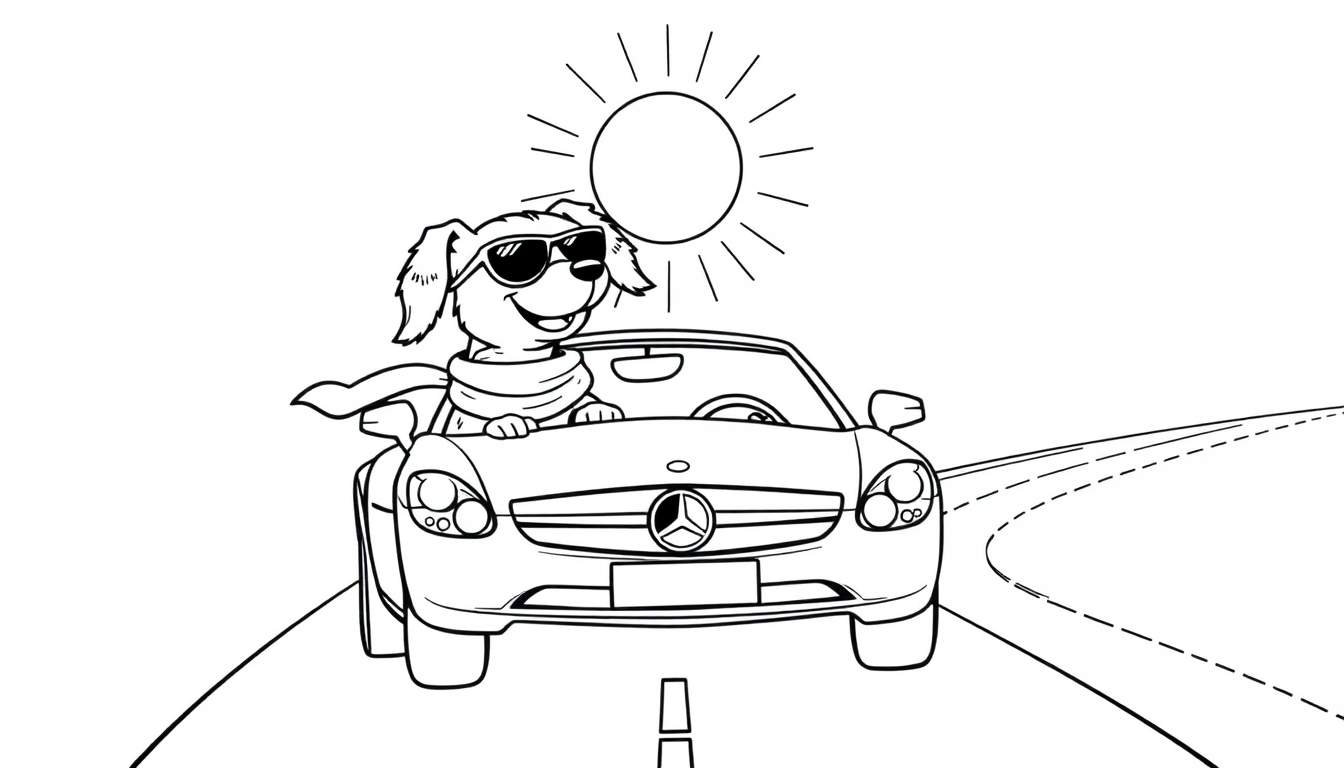 Dessin au trait d'un chien cool conduisant une voiture décapotable, portant des lunettes de soleil et une écharpe, sous un soleil éclatant sur une route sinueuse.