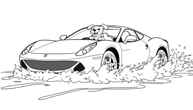 Un chien souriant conduit une voiture de sport et éclabousse de l'eau sur les côtés.
