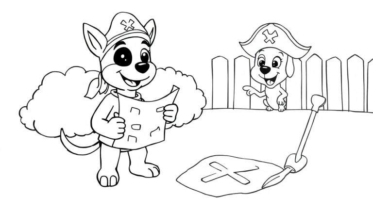 Coloriage de deux chiens déguisés en pirates cherchant un trésor.