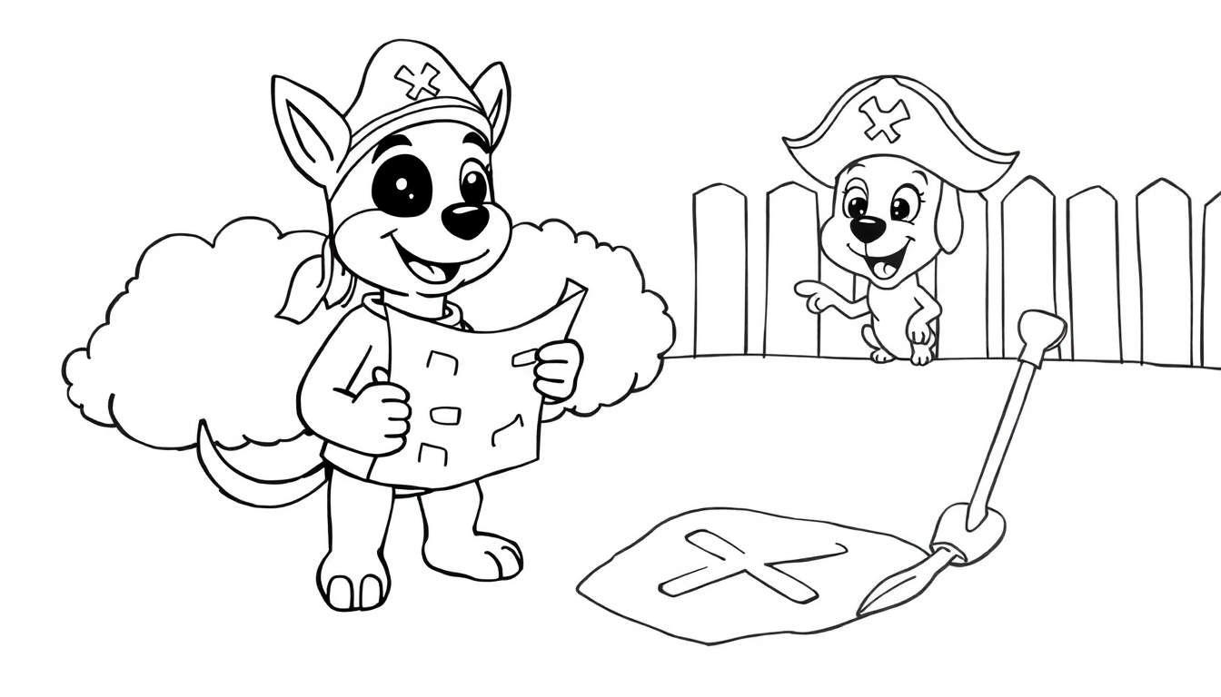 Coloriage de deux chiens déguisés en pirates cherchant un trésor.