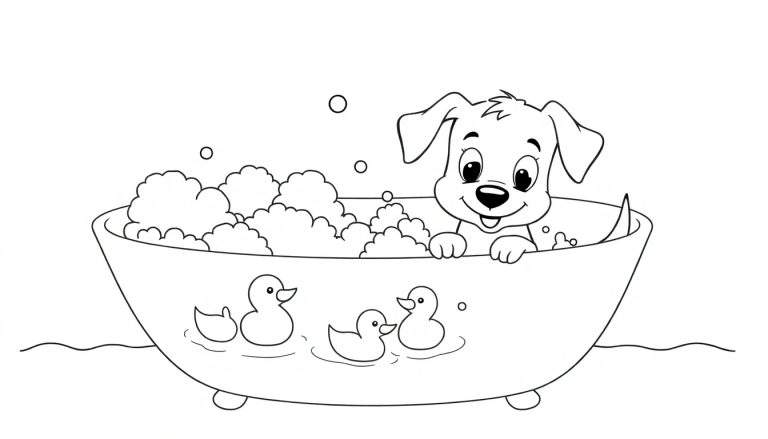 Coloriage d'un chiot heureux dans une baignoire pleine de mousse, entouré de canards en jouet et de bulles.